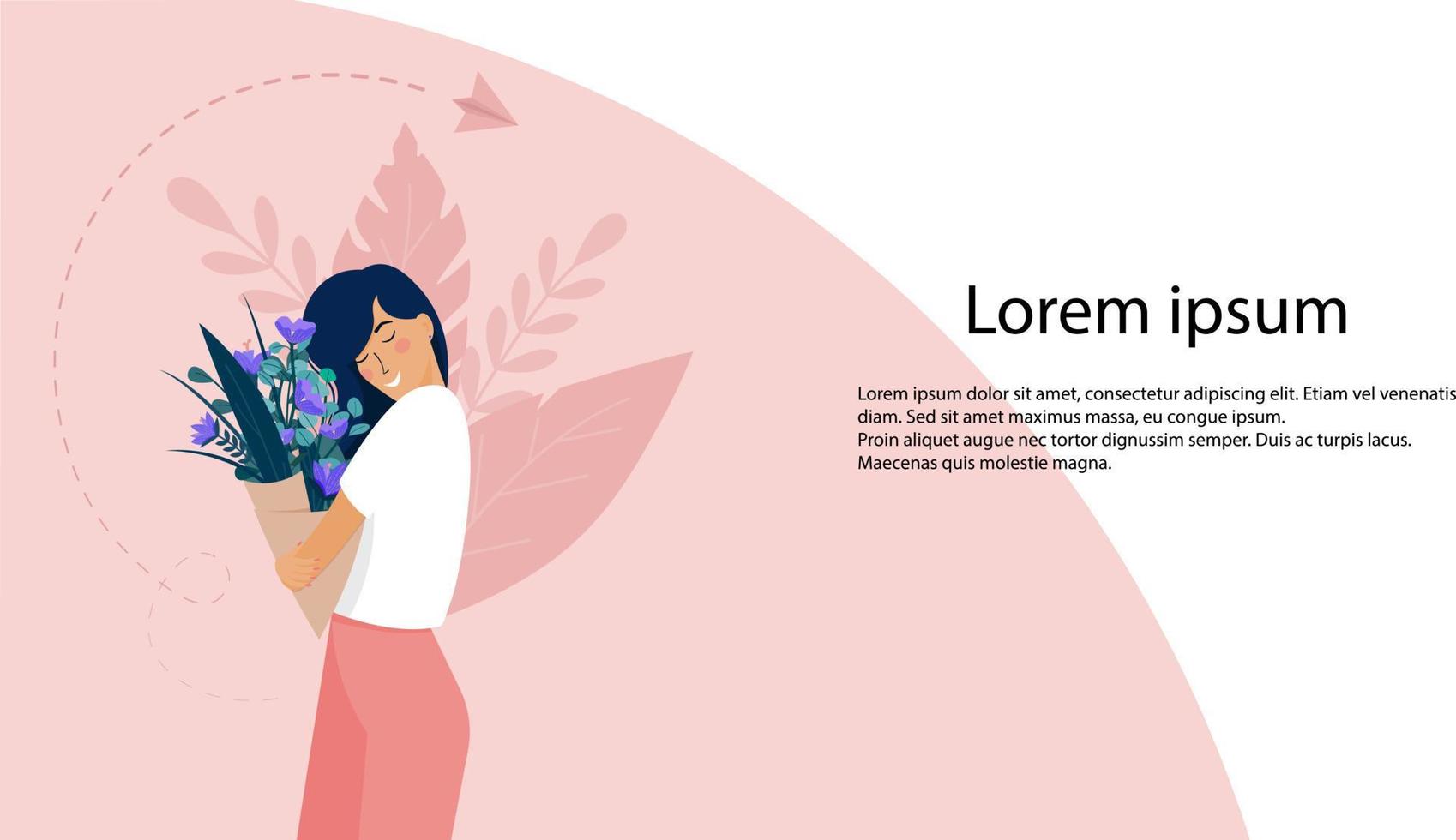 vectorillustratie van meisje met bloem. vectorillustratie van online bestellen boeket voor vrouwen. banner voor bloemenwinkel vector