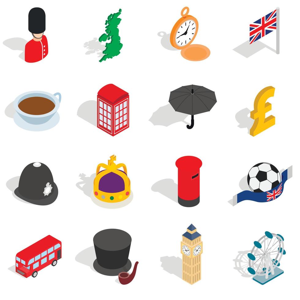 engeland iconen set, isometrische 3D-stijl vector