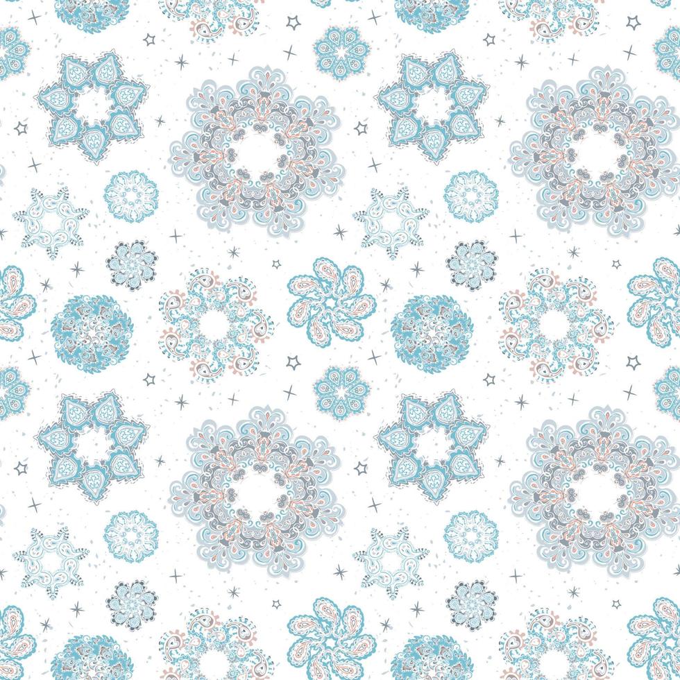 vector moderne naadloze patroon met kleurrijke hand tekenen illustratie van sneeuwvlokken. gebruik het voor behang, textieldruk, vullingen, webpagina's, oppervlaktestructuren, inpakpapier, ontwerp van presentatie