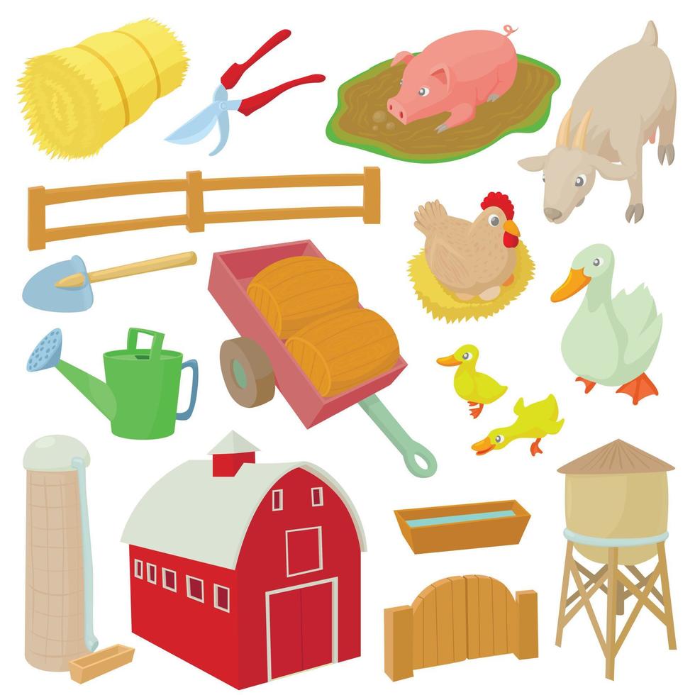 boerderij iconen set, cartoon stijl vector