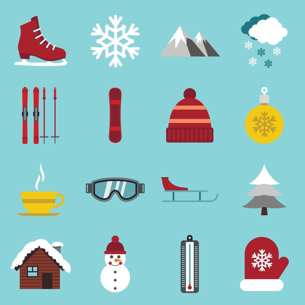 winter iconen set, vlakke stijl vector