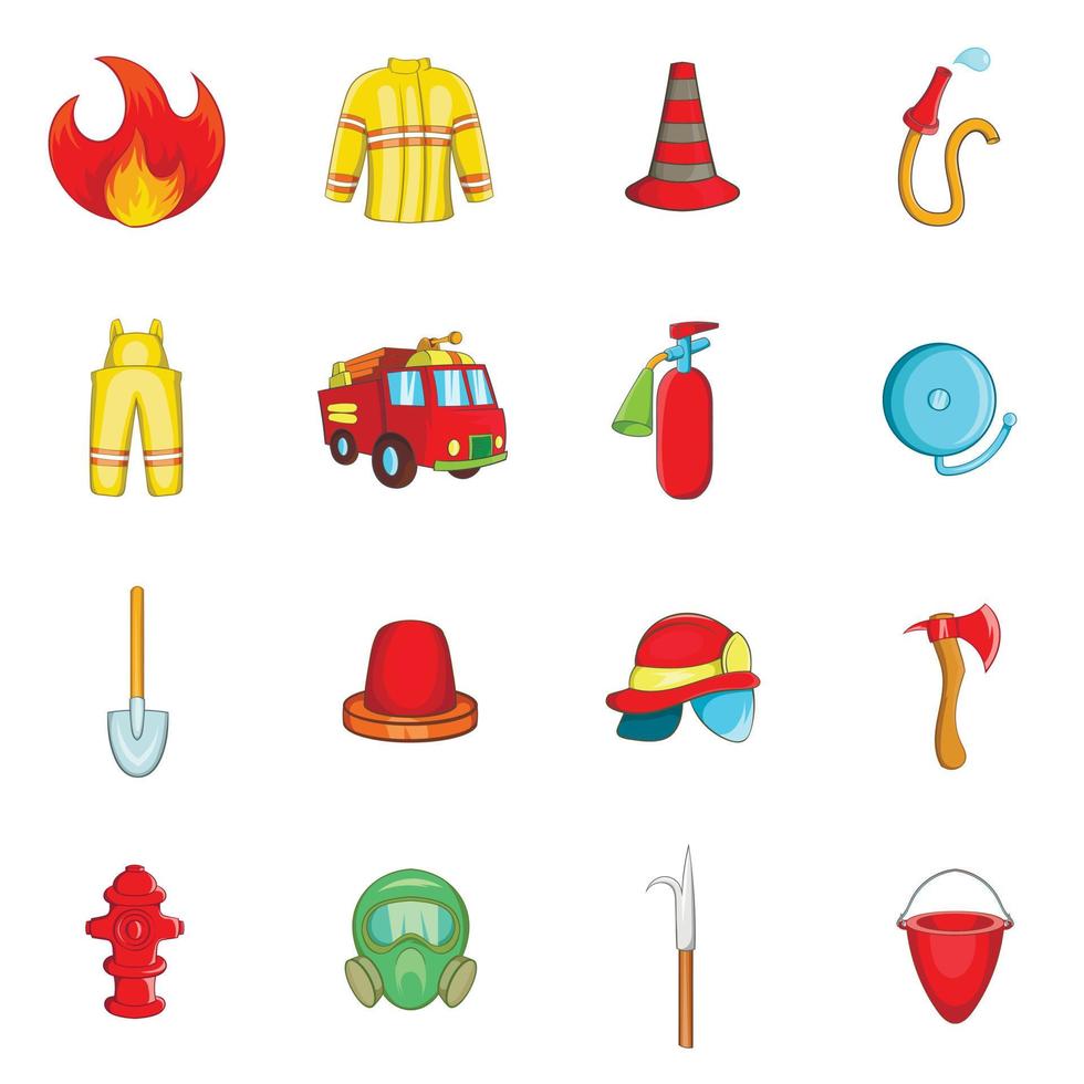 brandweerman iconen set, cartoon stijl vector
