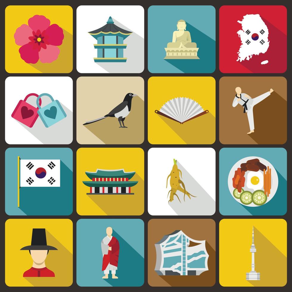 zuid-korea iconen set, vlakke stijl vector