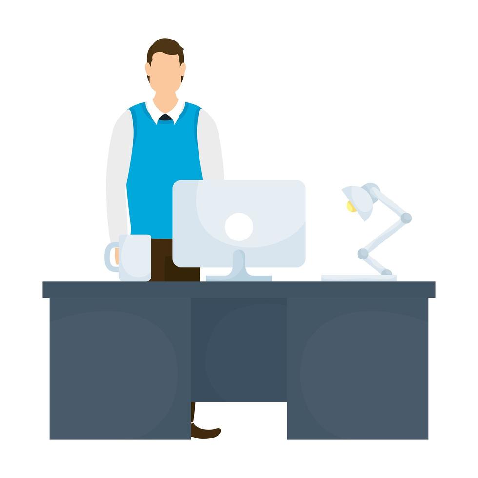 zakenman werknemer met bureau en desktop op de werkplek vector