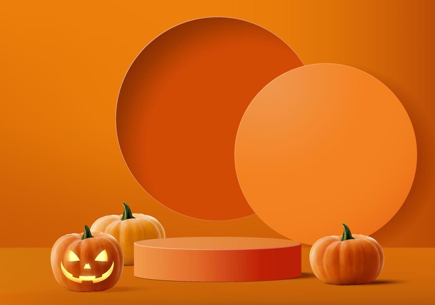 halloween minimale scène 3d met podiumplatform. Halloween achtergrond vector 3D-rendering met pompoen podium. staan om producten te tonen. podium showcase op sokkel oranje pompoen