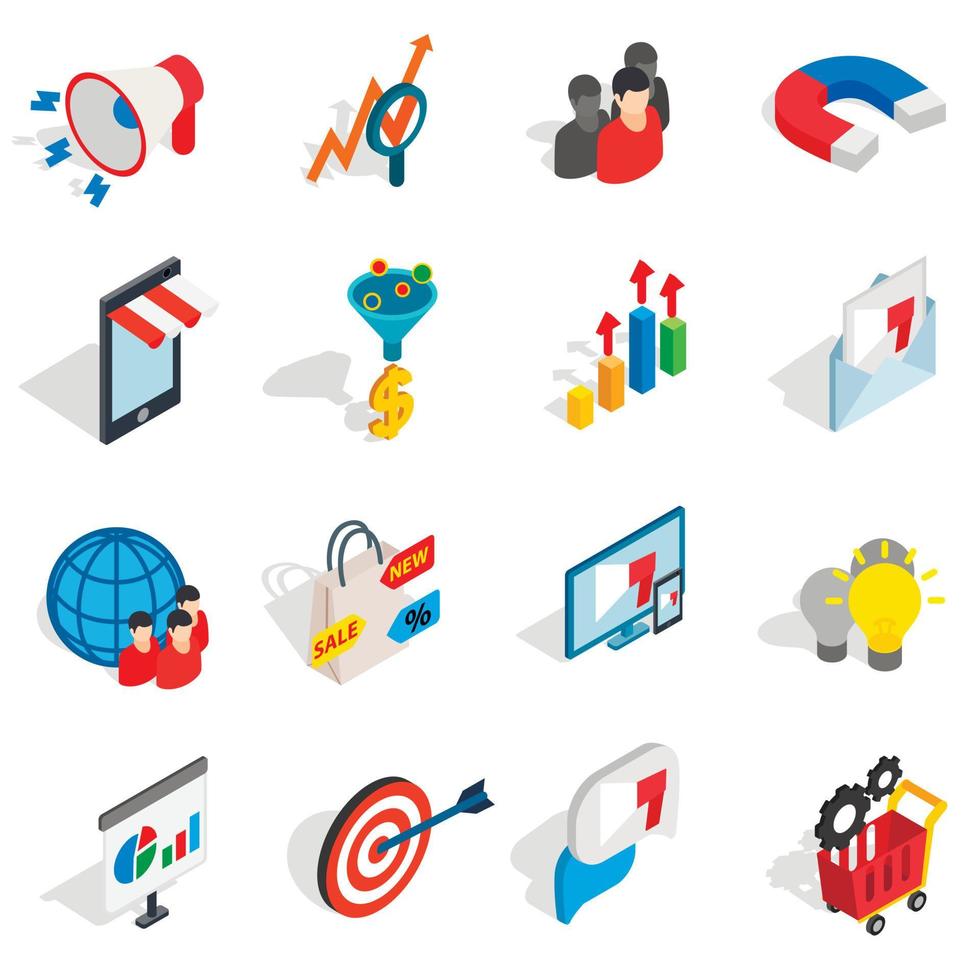 marketing iconen set, isometrische 3D-stijl vector