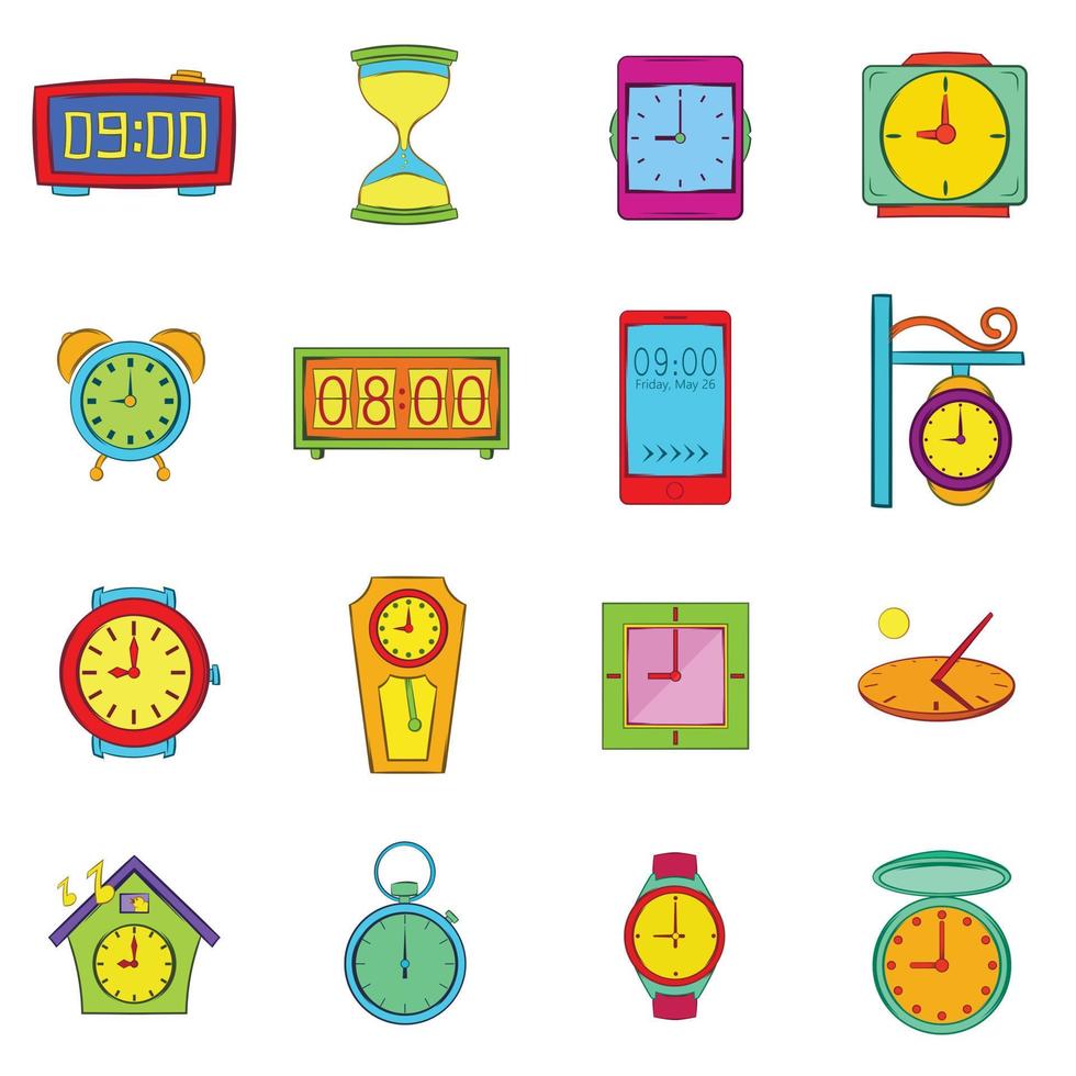 tijd en klok iconen set, pop-art stijl vector