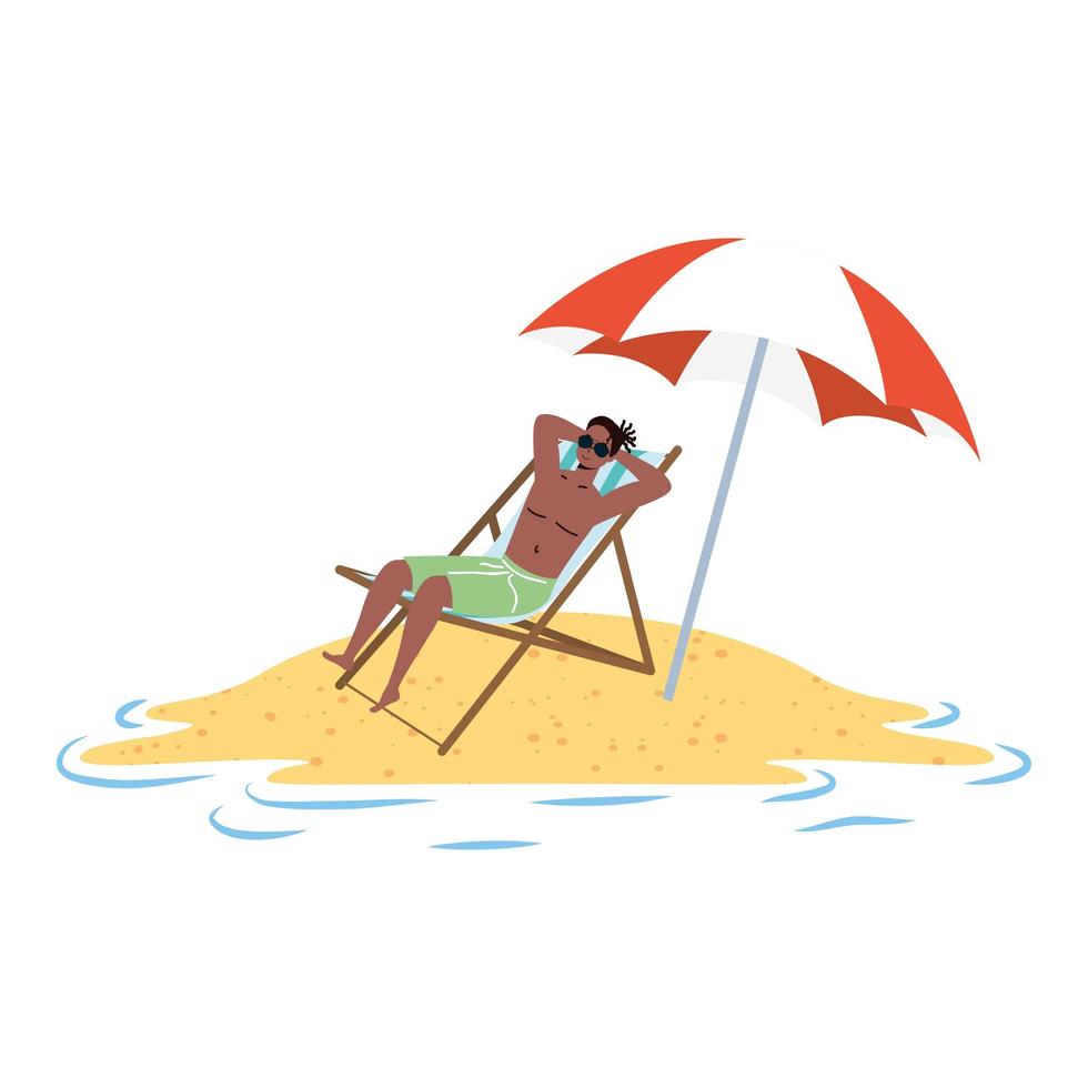 afro man ontspannen op het strand zittend in stoel en parasol vector