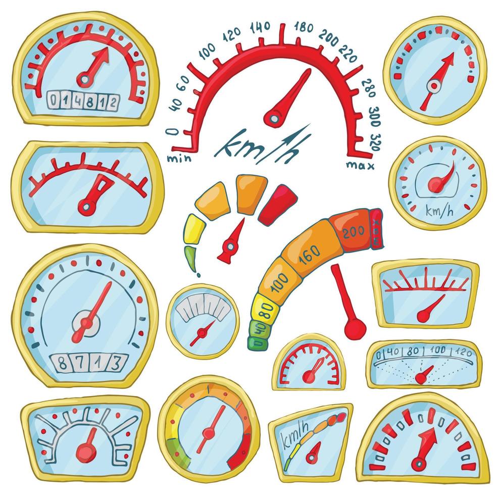 snelheidsmeter iconen set, cartoon stijl vector