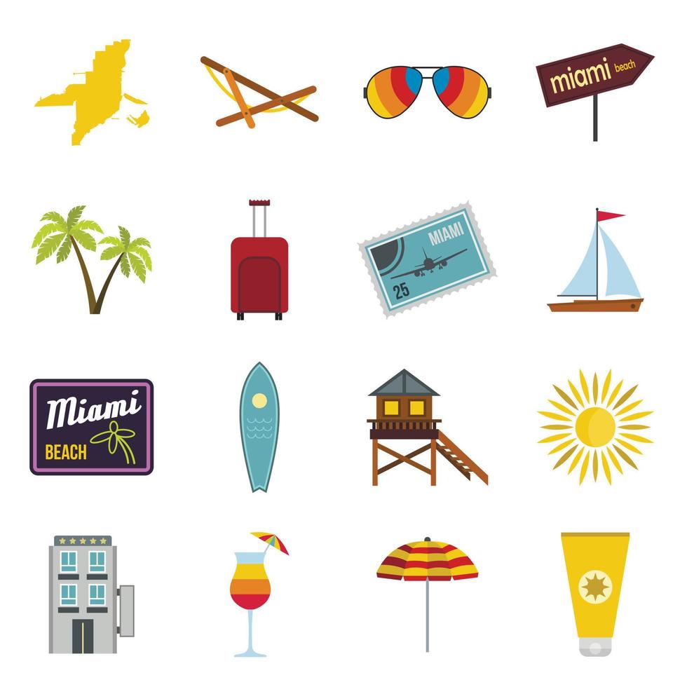 Miami iconen set, vlakke stijl vector