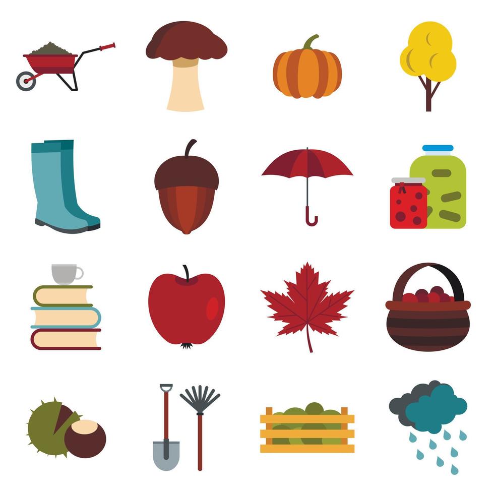 herfst iconen set, vlakke stijl vector