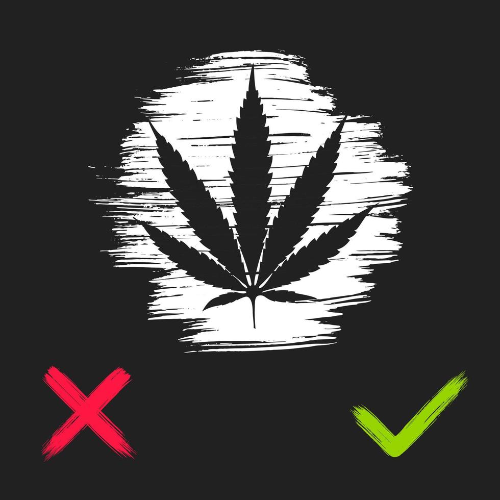 hennepplanten cannabis ja of nee concept vlakke stijl ontwerp vectorillustratie met penseelstreken en chek marks. legaliseren of medicinaal gebruik van drugs. vector