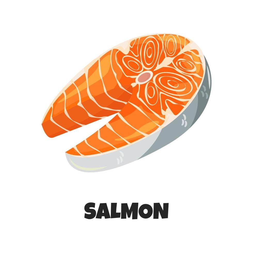 realistische vectorillustratie van rauwe biefstuk van vis zalm. filet van vis bultrug zalm of forel in catroon stijl geïsoleerd op een witte achtergrond. vers ongekookt ingrediënt van carnivoordieet vector