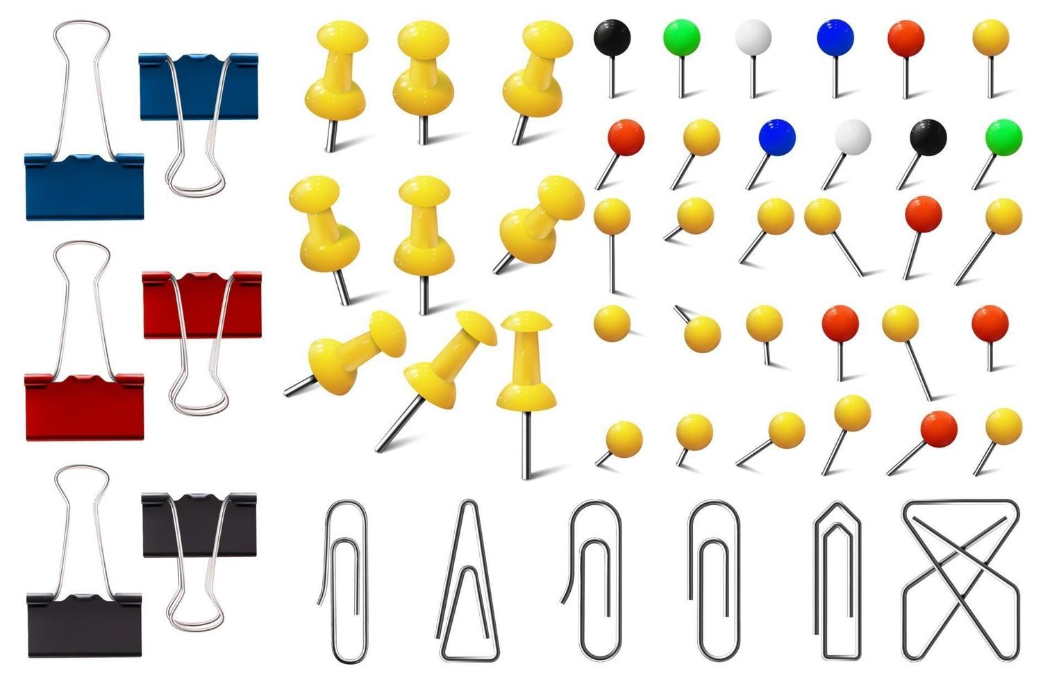 gekleurde paperclips en pinnen, verschillende pushpins, kaartkopspijkers vector