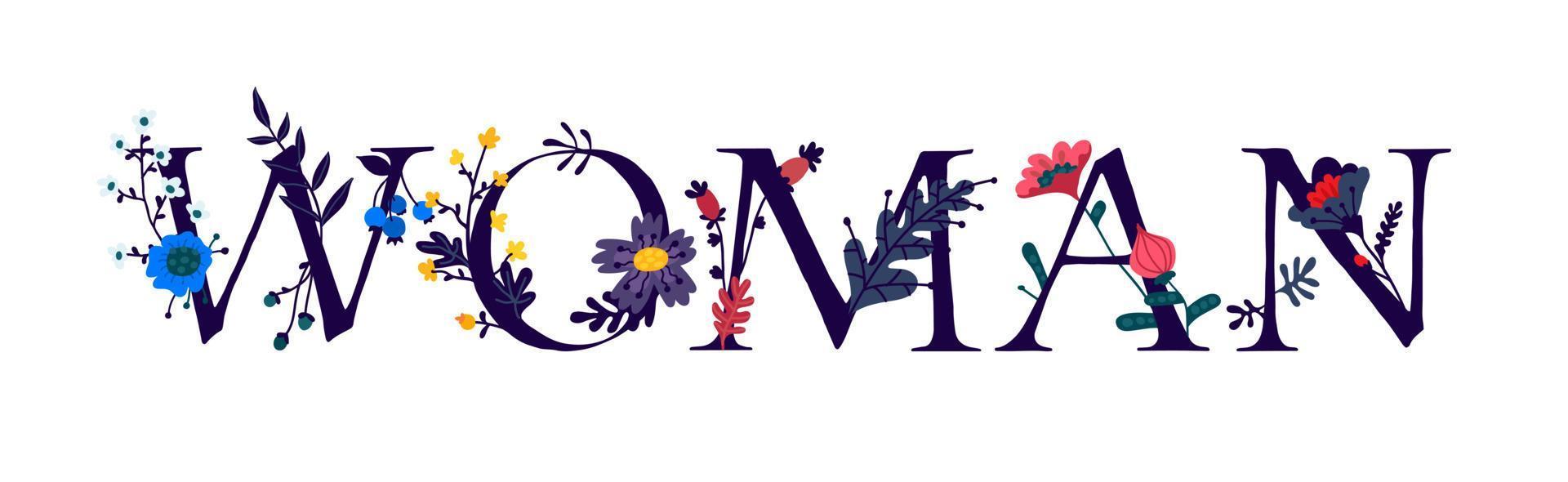 de inscriptie vrouw in het Engels. vector. brieven. vrouwelijk en bloemenleven. de kracht van wilde dieren. bloemen en knoppen rond letters. vlakke stijl. logo voor damesproducten. samenstelling van herbarium. vector