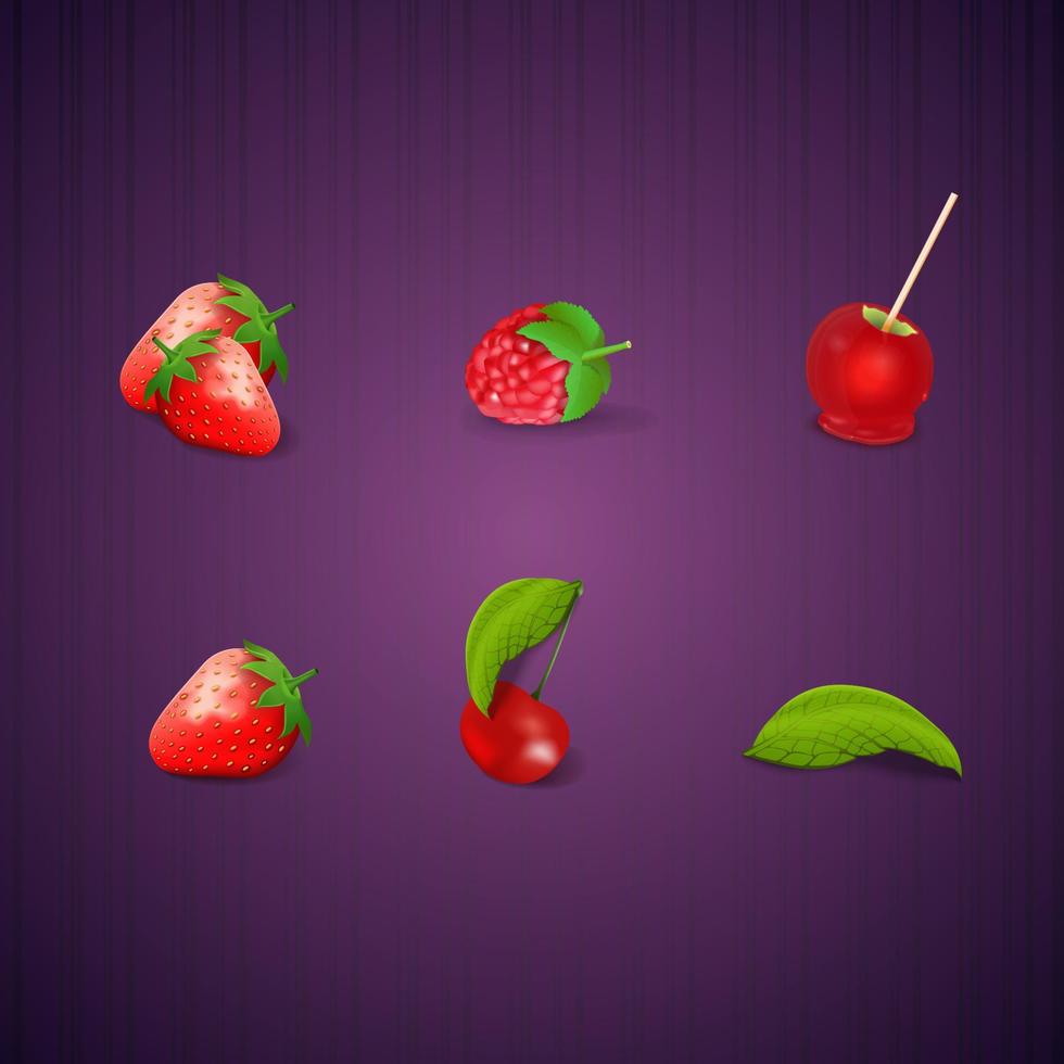 frambozen, aardbeien, appel en kers, set van bessen en fruit in cartoon-stijl. vector