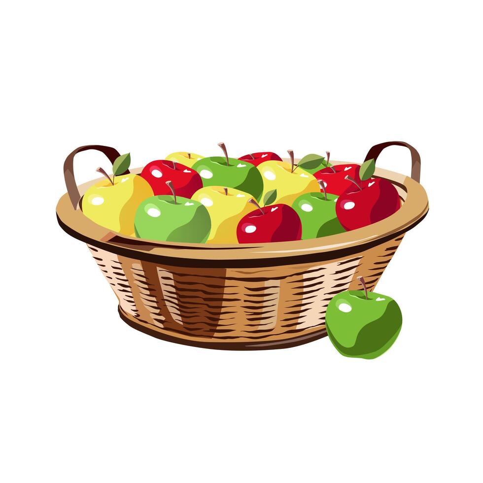 rieten mand vol van gezond en sappig rood, groen en geel appels geïsoleerd Aan wit achtergrond. vector fruit illustratie in vlak stijl. zomer clip art voor ontwerp van kaart, banier, folder, poster