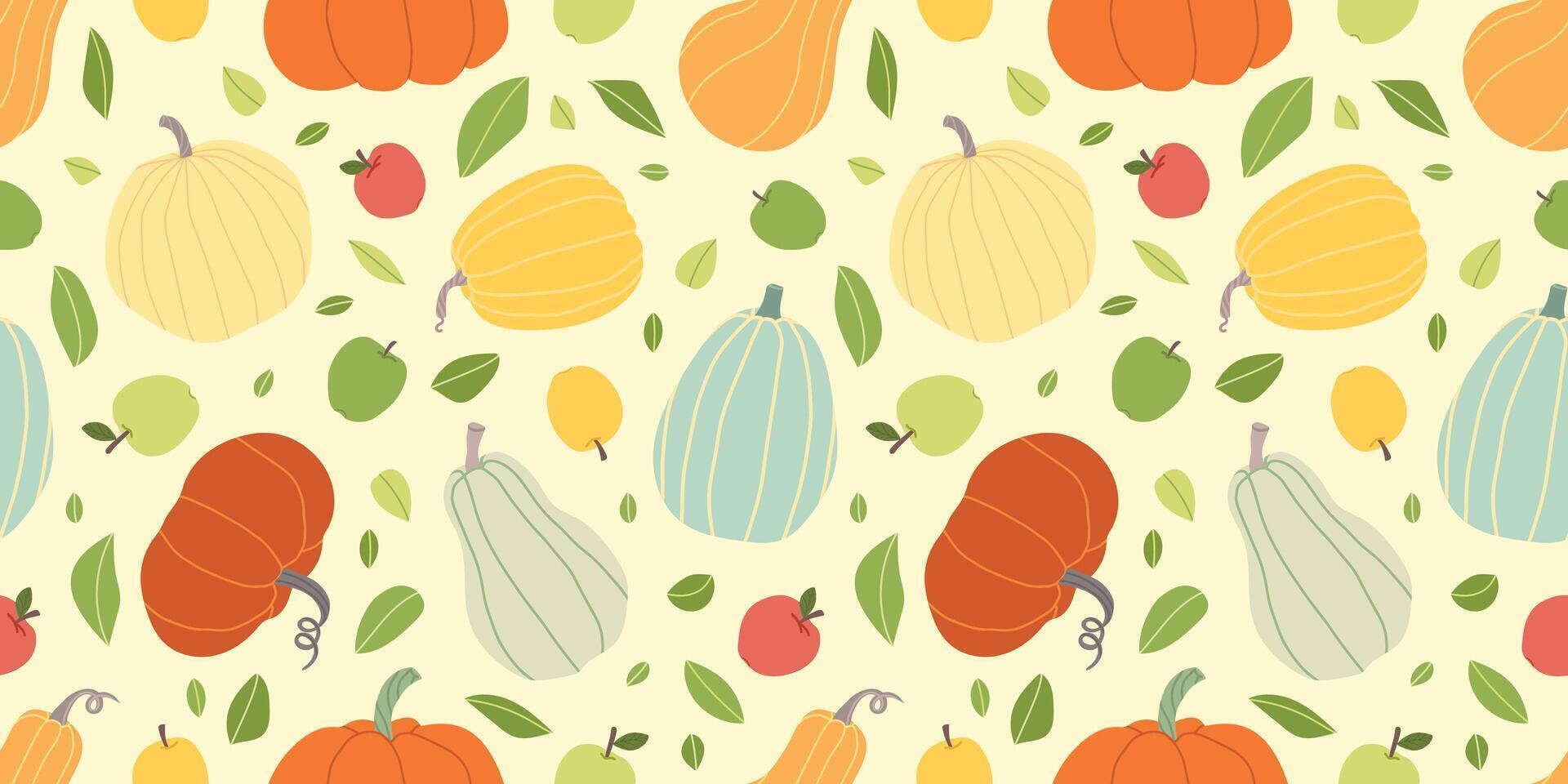 pompoen oogsten naadloos patroon. herfst verschillend pompoenen. kleurrijk oogst pompoenen achtergrond. gebruikt voor papier, omslag, geschenk wrap, kleding stof. vector