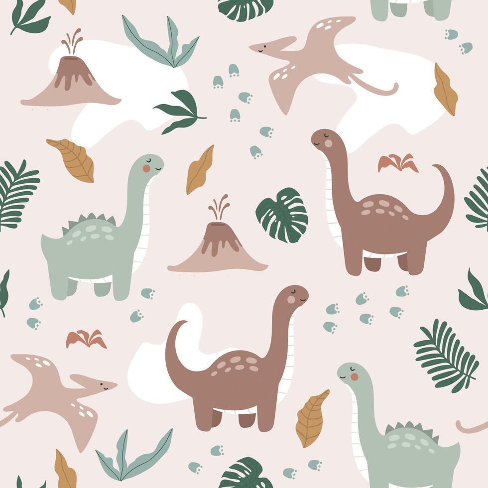 naadloos tropisch patroon met dino in Scandinavisch stijl. vector illustraties