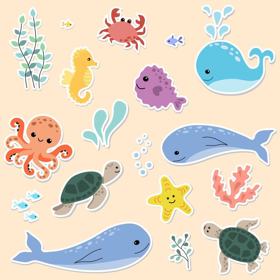 schattig tekenfilm onderwater- dieren stickers pak. hand- getrokken zee leven elementen voor afdrukken, poster, kaart, kleren. vector illustratie