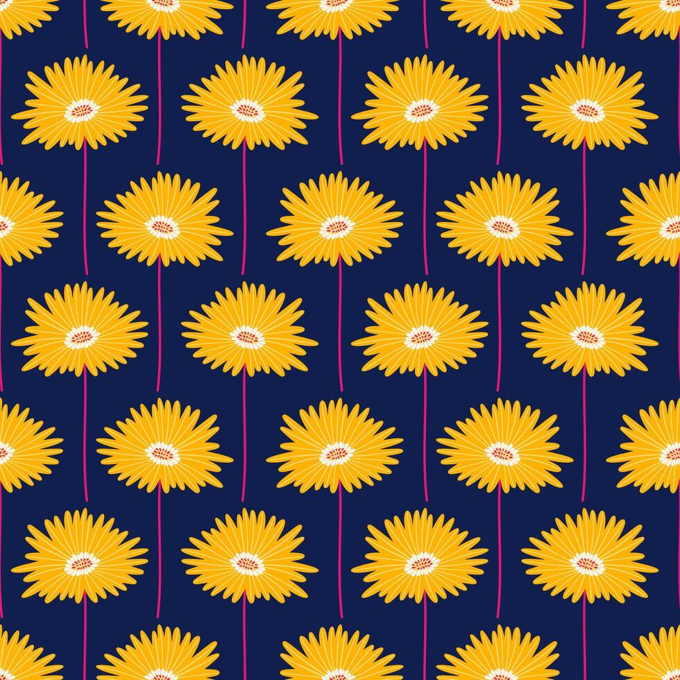 naadloos patroon met geel gerbera bloemen Aan een donker blauw achtergrond. zomer helder bloemen vector illustratie. voorjaar botanisch afdrukken, modern stijl ontwerp
