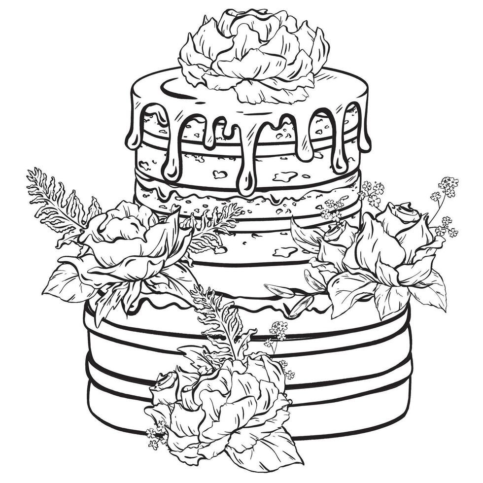 een monochroom illustratie van een taart versierd met bloemen Aan top vector