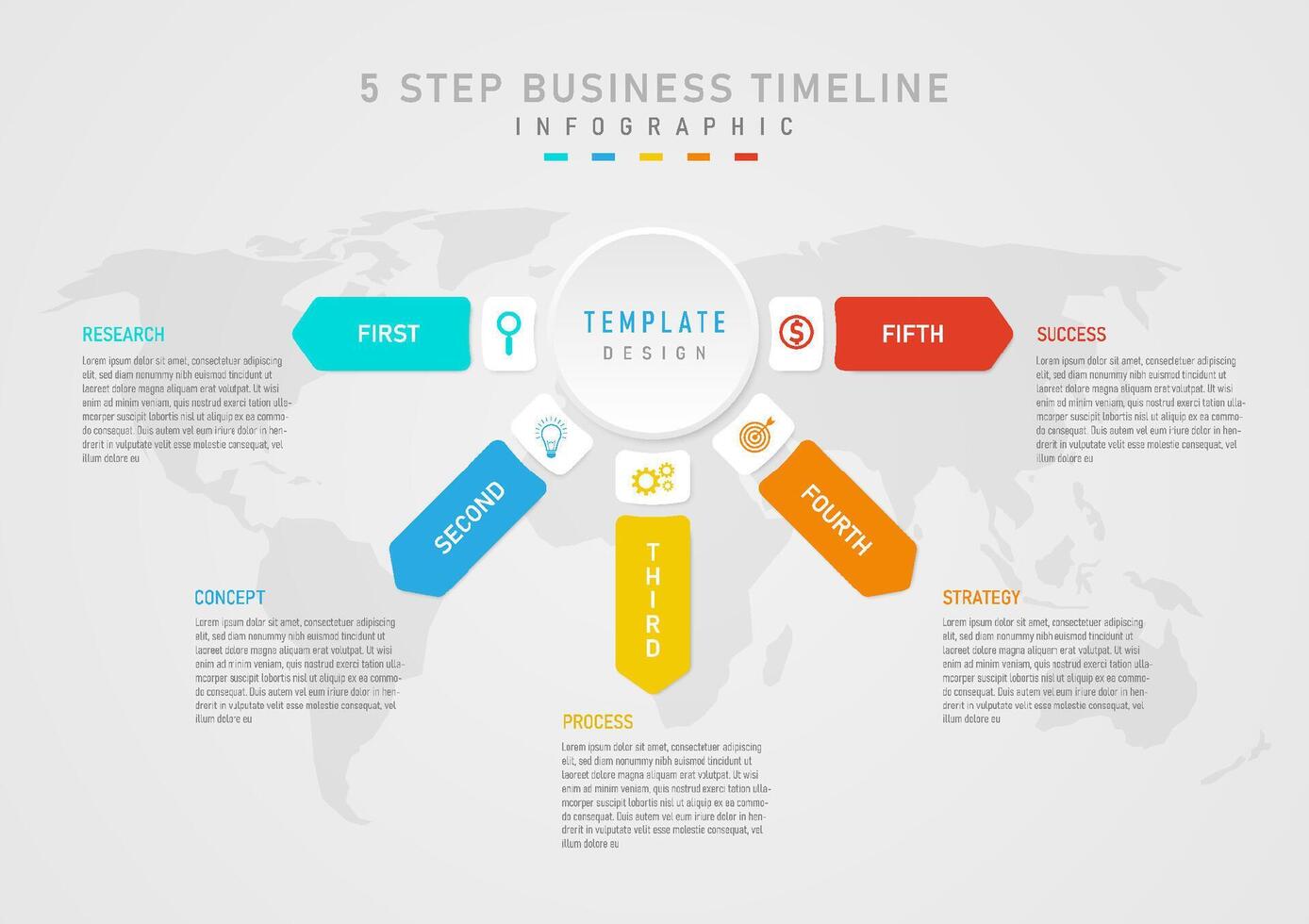 5 stappen naar bedrijf planning voor succes infographic sjabloon cirkel knop in de midden- van een wit plein met een icoon in de midden. veelkleurig pleinen met grijs tekst brieven in de omgeving van de buiten. vector