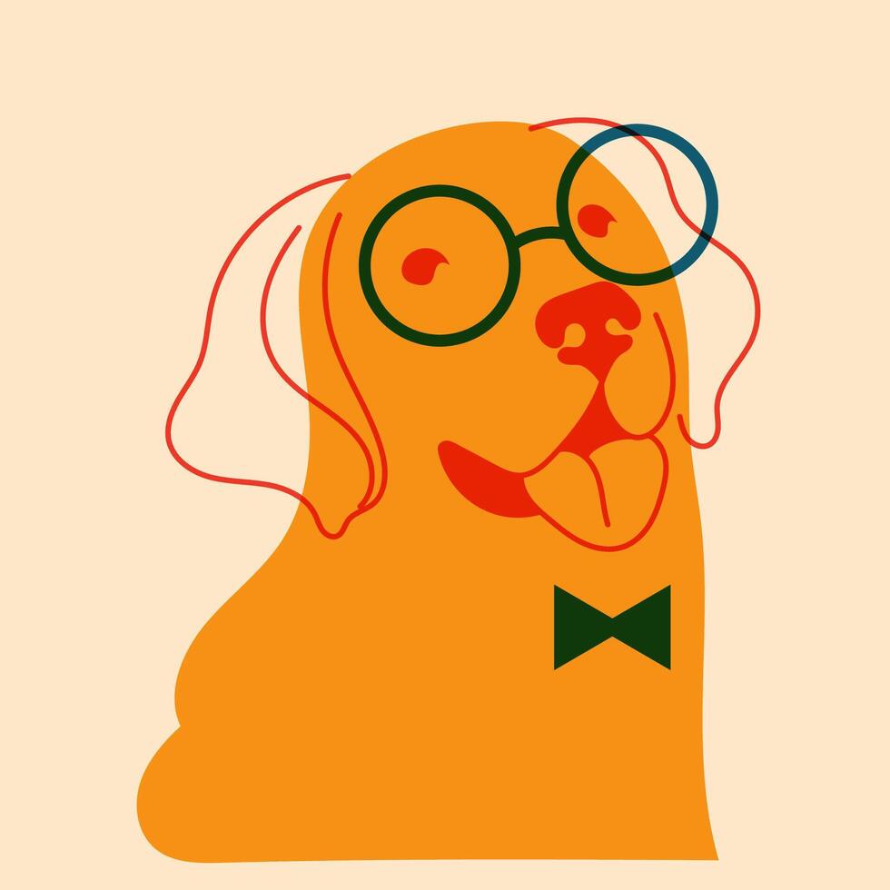 hond, puppy in bril. avatar, insigne, poster, logo Sjablonen, afdrukken. vector illustratie in een minimalistische stijl met riso afdrukken effect. vlak tekenfilm stijl