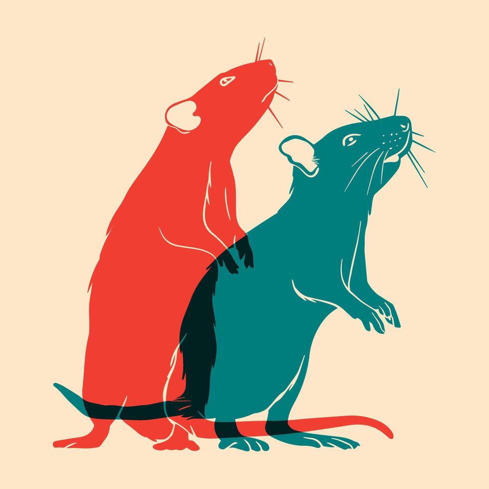 gekleurde silhouetten van twee ratten. vector illustratie met risografie afdrukken effect. element voor de ontwerp van t-shirts, affiches, ansichtkaarten, kleren