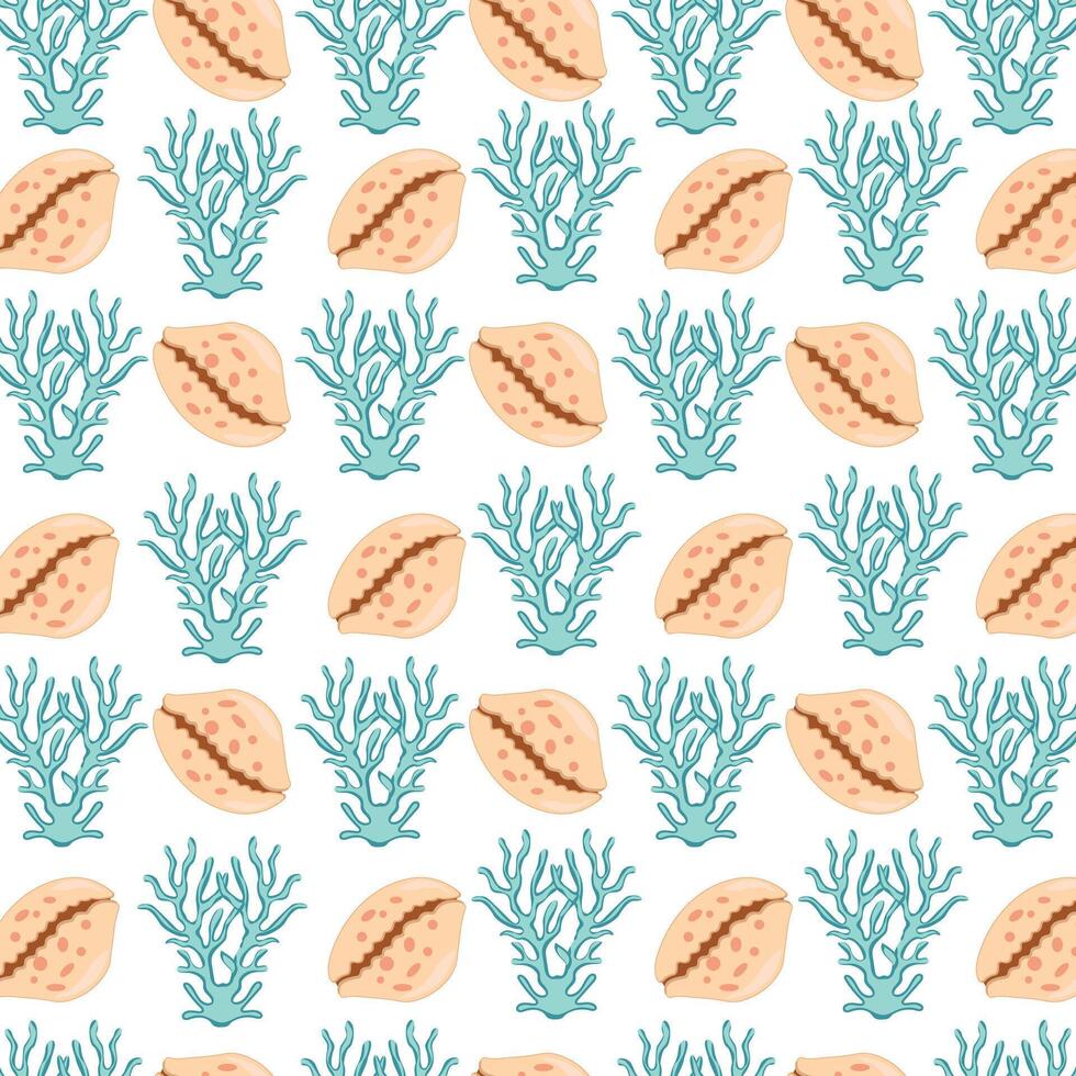 naadloos patroon van schelpen en koralen. modieus tekenfilm zeeschelp patroon voor omhulsel papier, behang, stickers, laptop gevallen, kinderen boeken. vector