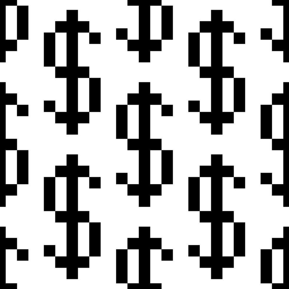 de patroon is groot met een dollar teken in de het formulier van pixels. een retro video spel met zwart voorgevormd dollar tekens in pixel kunst. de klein symbolen zijn getrokken in een patroon. geïsoleerd beeld vector