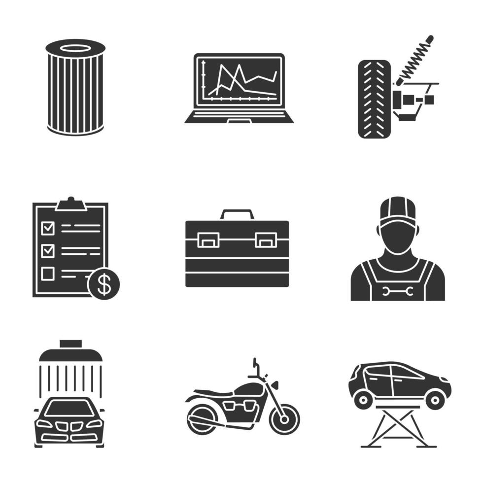 auto werkplaats glyph iconen set vector