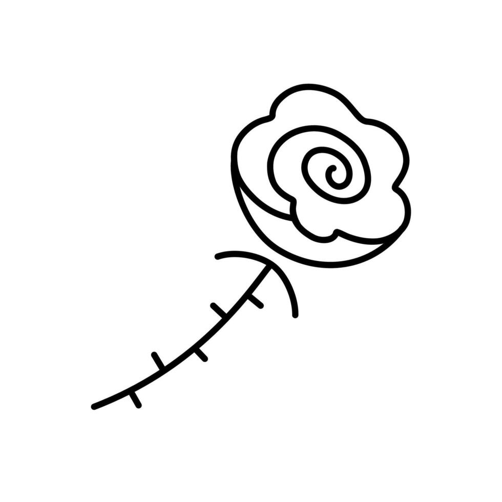 roos hand- getrokken single icoon. vector zwart lijn illustratie geïsoleerd Aan wit achtergrond. single rozenknop Aan stam met doornen. bloem grappig tekening.