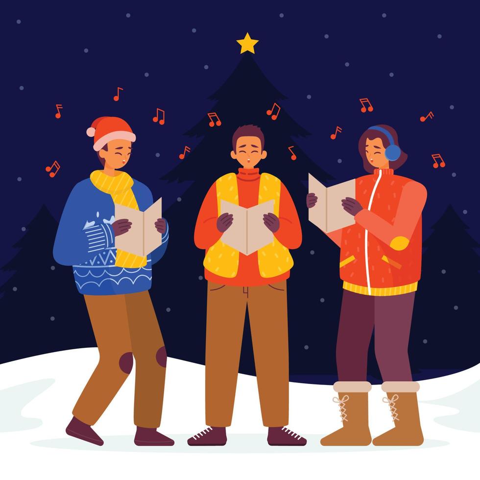 gelukkige vrienden die kerstliederen zingen op kerstnacht vector