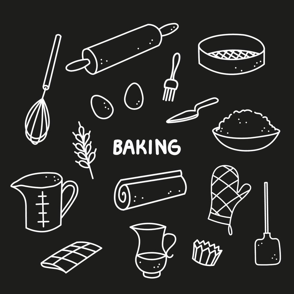 bakken uitrustingen hand- getrokken inkt schetsen vector illustratie. tekening achtergrond met deeg, eieren, rollend pin, meel, ingrediënten gereedschap Koken gebakken goederen. ontwerp concept voor bakkerij, chef, menukaart, café