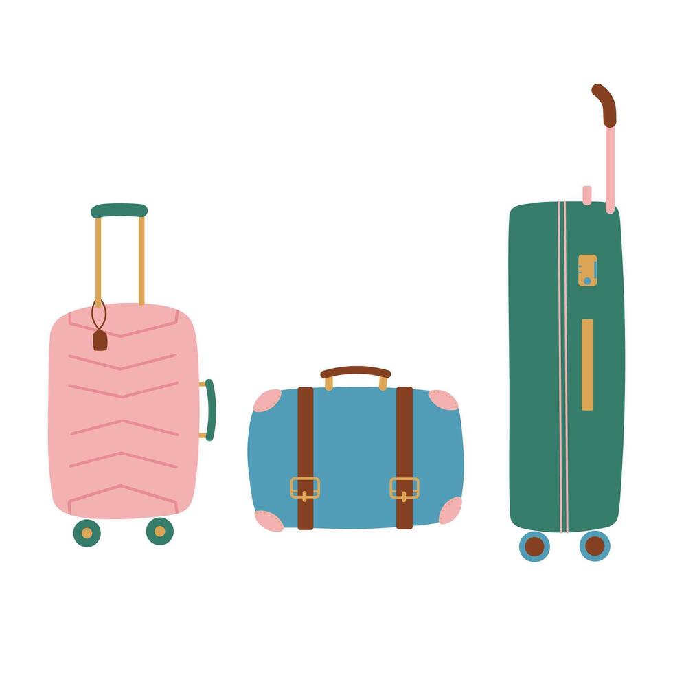 reizen koffers hand- getrokken verzameling met cabine bagage controleren in bagage geïsoleerd vlak vector reeks illustratie tekenfilm stijl. ontwerp element voor vakantie, toerisme, vakantie