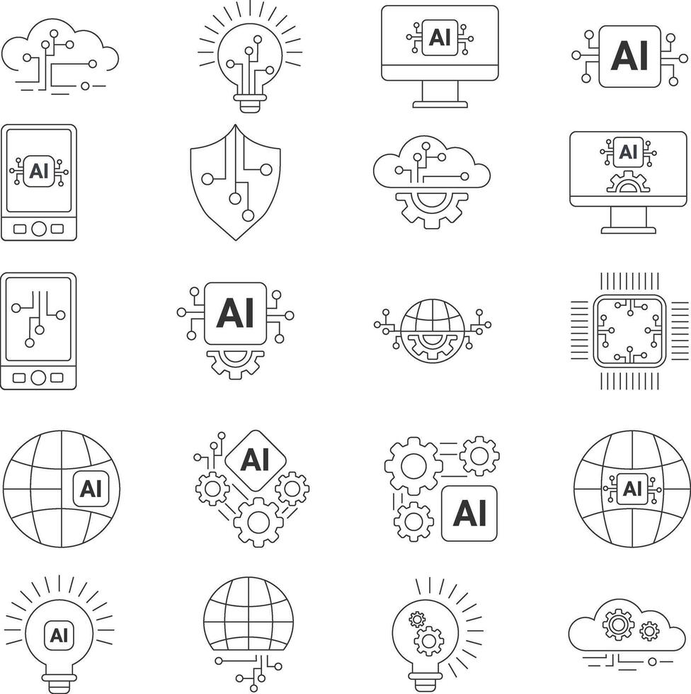 kunstmatig intelligentie- lijn pictogrammen set. vector illustratie modern stijl pictogrammen van ai technologie en mogelijkheden, machine aan het leren, slim robotica, chatbot.