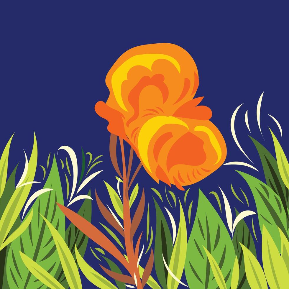 abstract oranje bloem bloemblad canna lelie met groen bladeren decoraties vector illustratie geïsoleerd Aan plein blauw achtergrond. gemakkelijk vlak tekenfilm kunst gestileerd tekening.