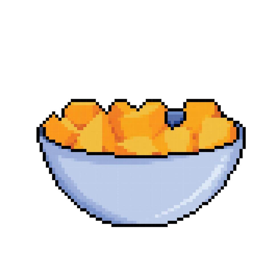 kom van gesneden mango's fruit of pompoen. pixel kunst retro wijnoogst video spel beetje vector illustratie. gemakkelijk vlak tekenfilm kunst gestileerd tekening geïsoleerd Aan plein wit achtergrond.