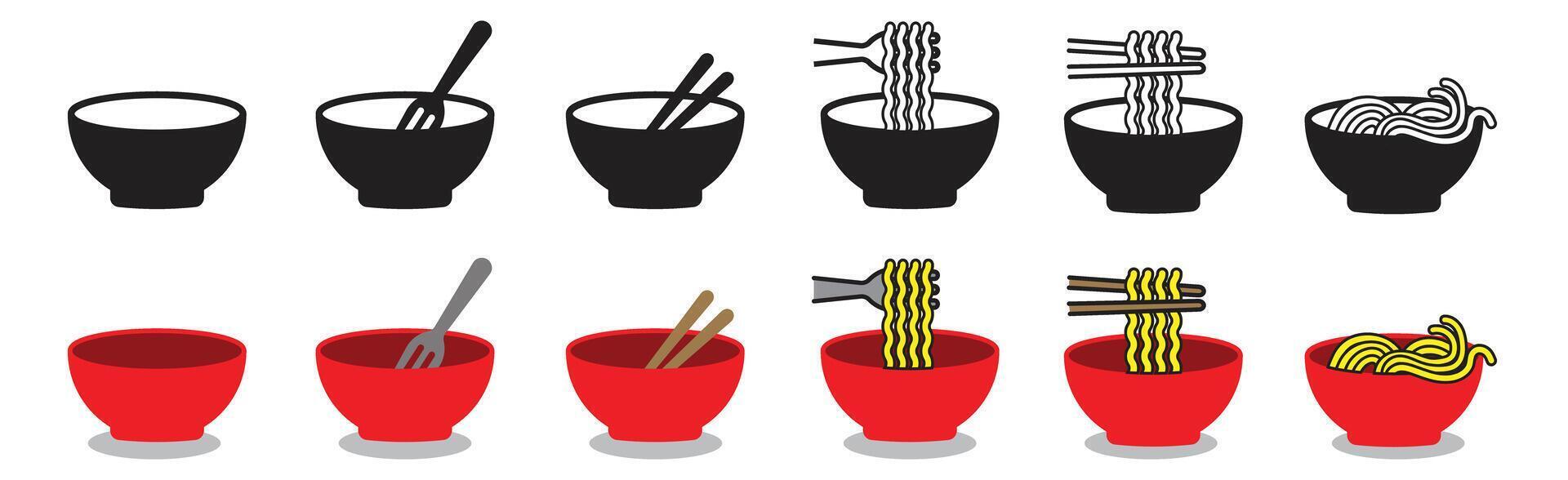 leeg kom icoon met vork en eetstokje, een kop van ramen noodle icoon zwart en gekleurde schattig gemakkelijk symbool vector