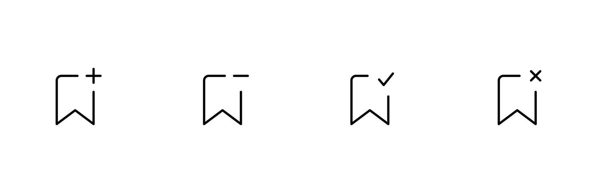 bladwijzer icoon set. opslaan teken verzameling. bladwijzer met toevoegen, verwijderen, plus, ster, controleren. voor de gebruik van ui en mobiel app, web plaats koppel. bewerkbare hartinfarct. vector illustratie.