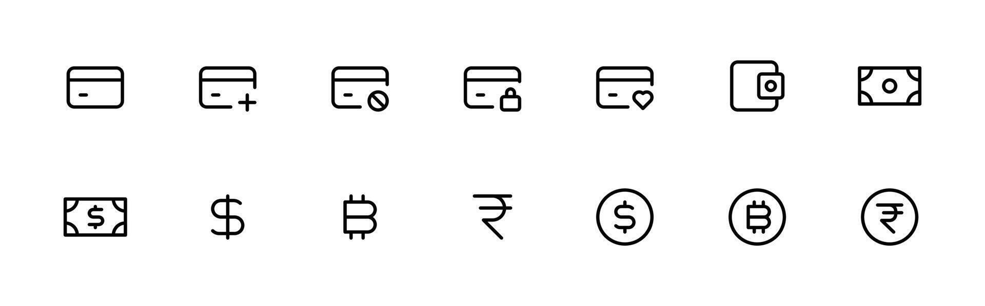 betaling icoon set. reeks van betalen met credit kaart, contant geld. valuta Leuk vinden dollar, roepie, bitcoins. kaart betalen, contant geld en portemonnee betaling. beroerte lineair bewerkbare vector illustratie