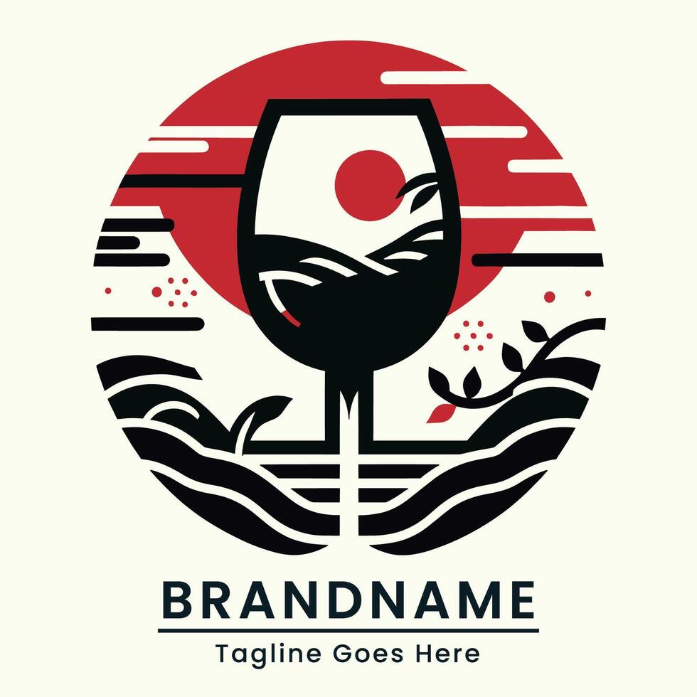glas wijn logo elegant met cirkel traditioneel motief en Japan element esthetiek met rood en zwart kleur vector
