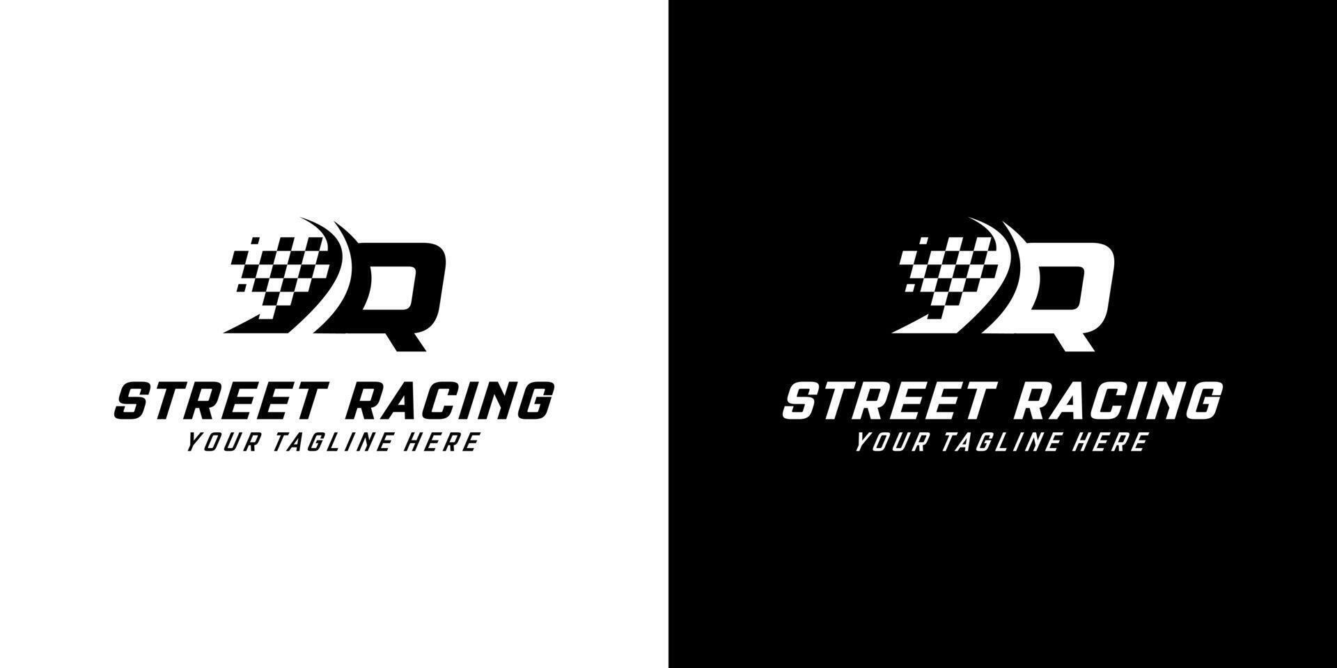 brief q met racing vlag icoon Aan zwart en wit achtergrond, racen, auto, weg logo vector