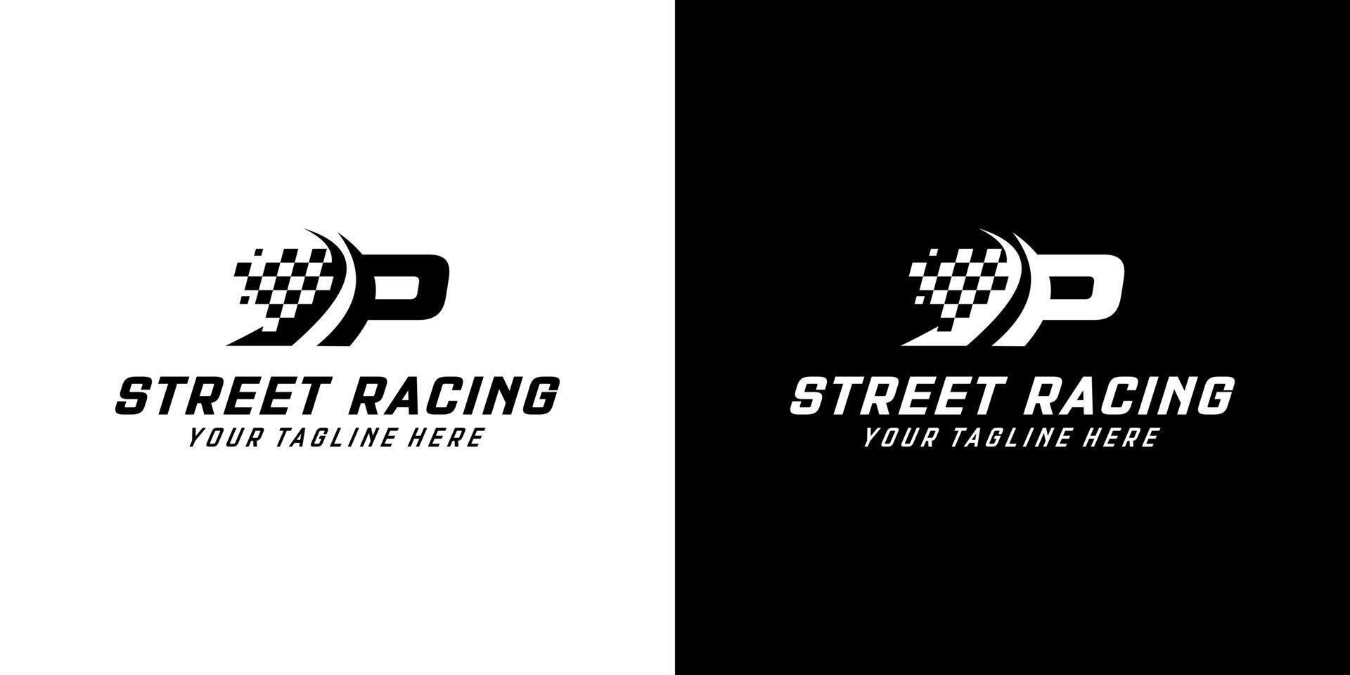 brief p met racing vlag icoon Aan zwart en wit achtergrond, racen, auto, weg logo vector