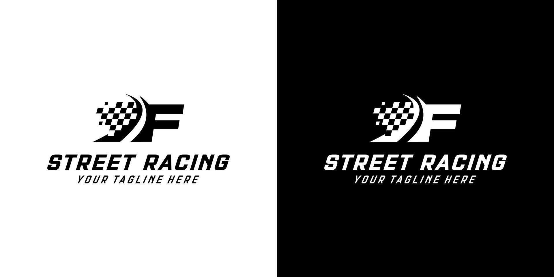brief f met racing vlag icoon Aan zwart en wit achtergrond, racen, auto, weg logo vector