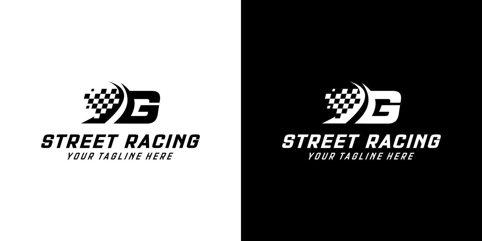 brief g met racing vlag icoon Aan zwart en wit achtergrond, racen, auto, weg logo vector