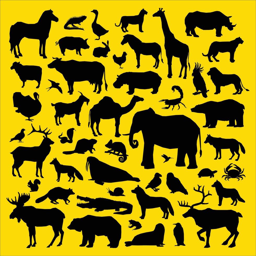 wild dieren silhouetten reeks Aan geel achtergrond vector