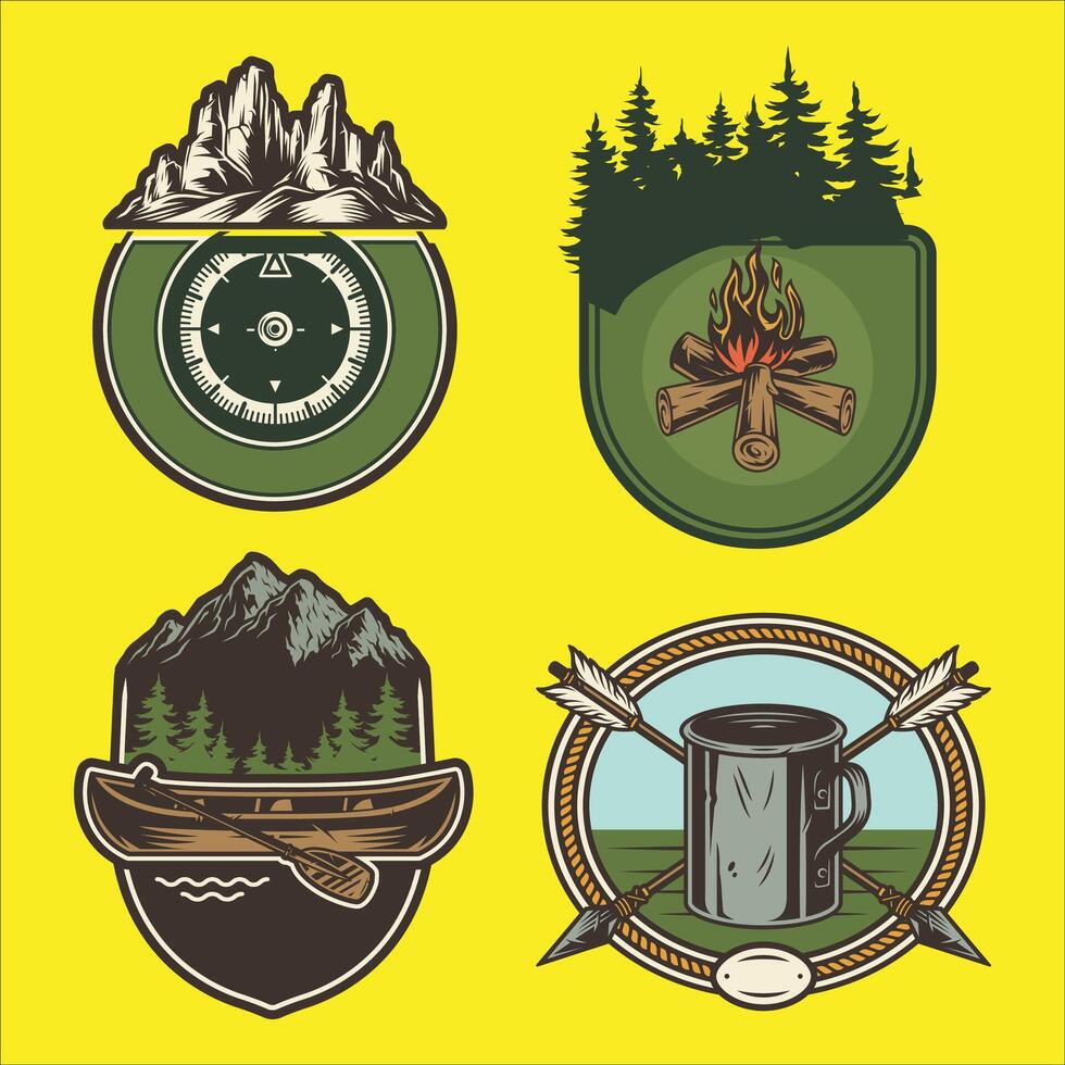 vier badges met camping, kano, en brand vector