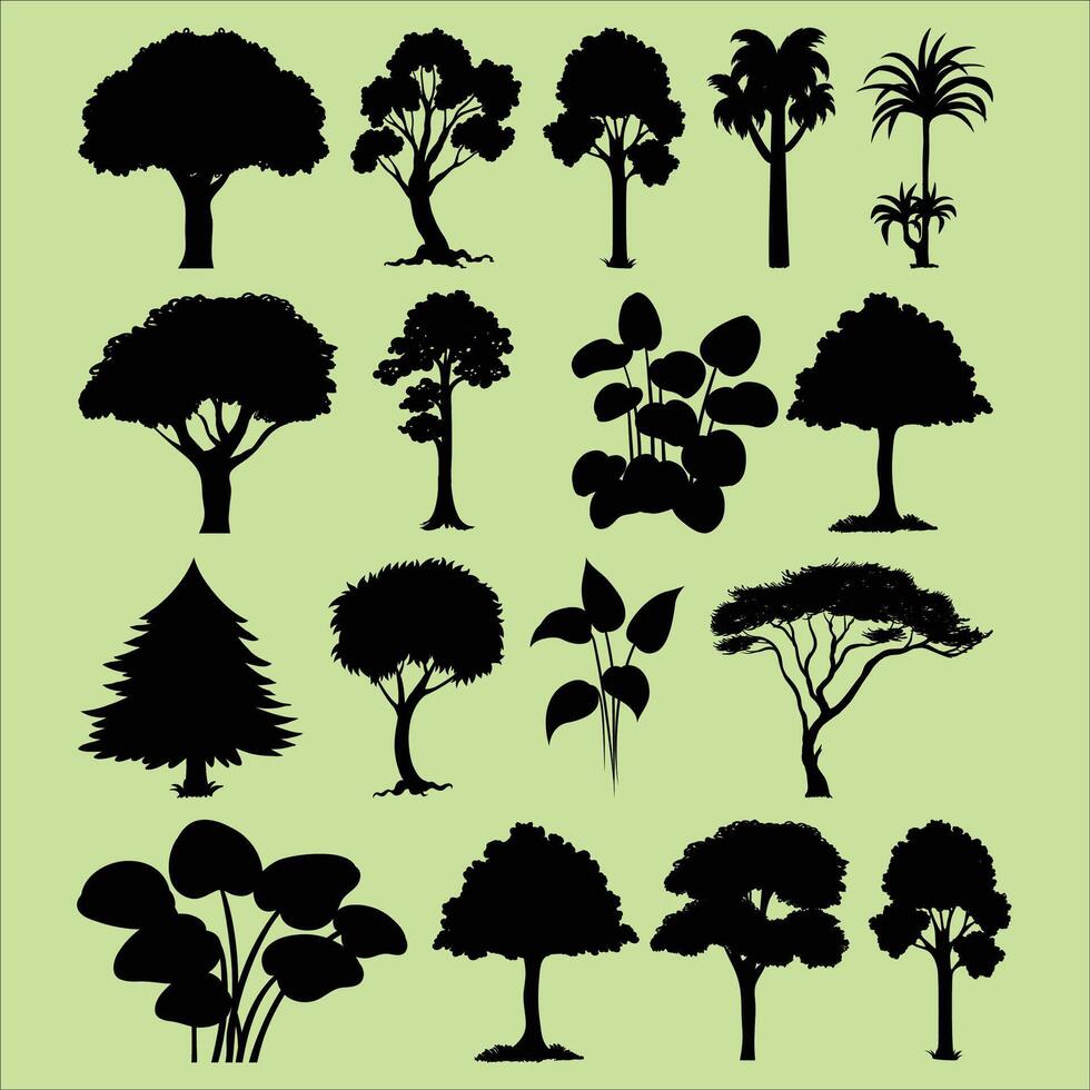 een verzameling van bomen en planten silhouetten vector